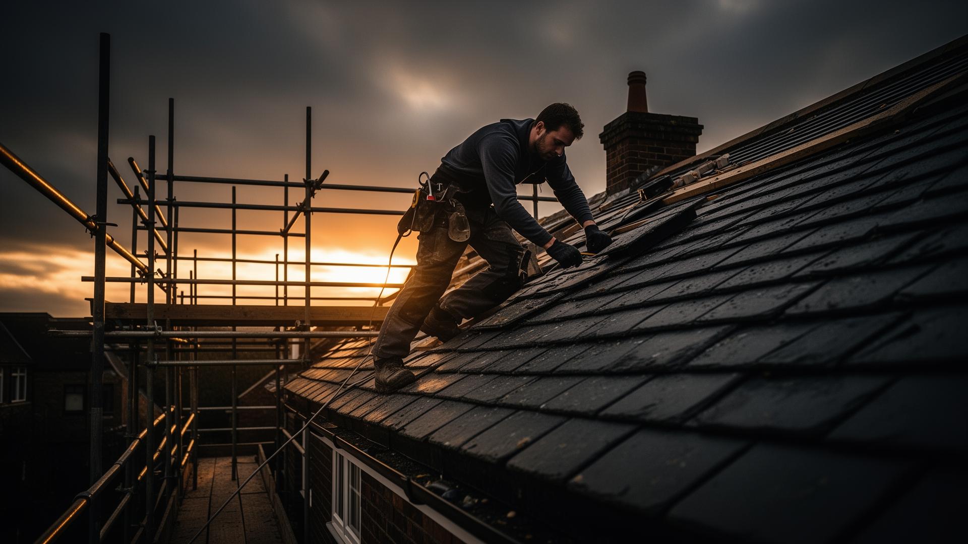 Wakefield roofer working on a slate roof at golden hour